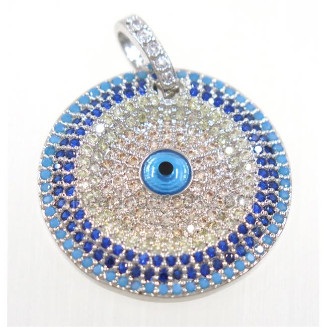 copper circle pendant paved zircon with evil eye, platinum plated