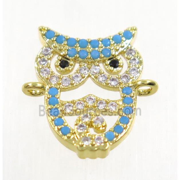 copper Owl connector paved zircon, gold plated