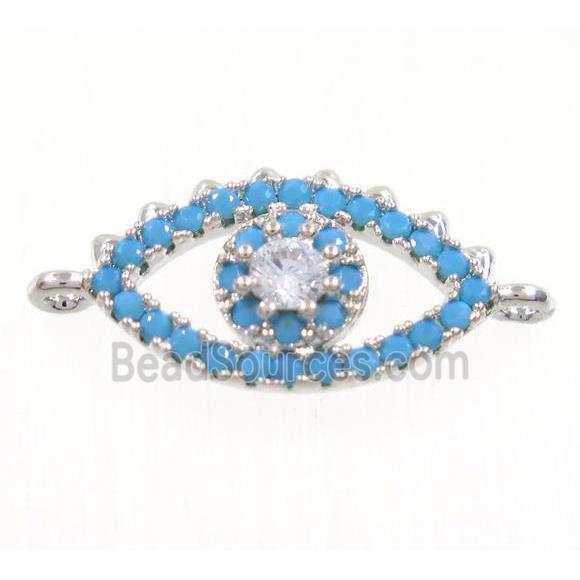 copper Evil Eye connector paved zircon, platinum plated, turq