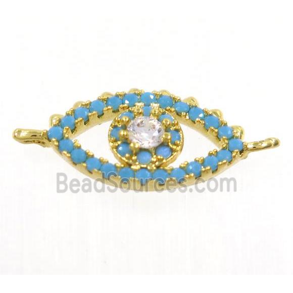 copper Evil Eye connector paved zircon, gold plated, turq