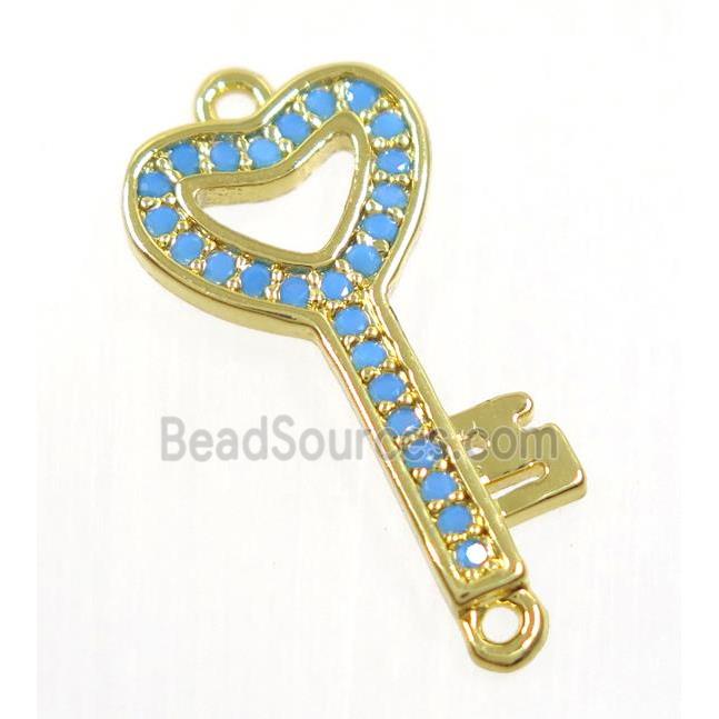 copper key connector paved zircon, gold plated, turq