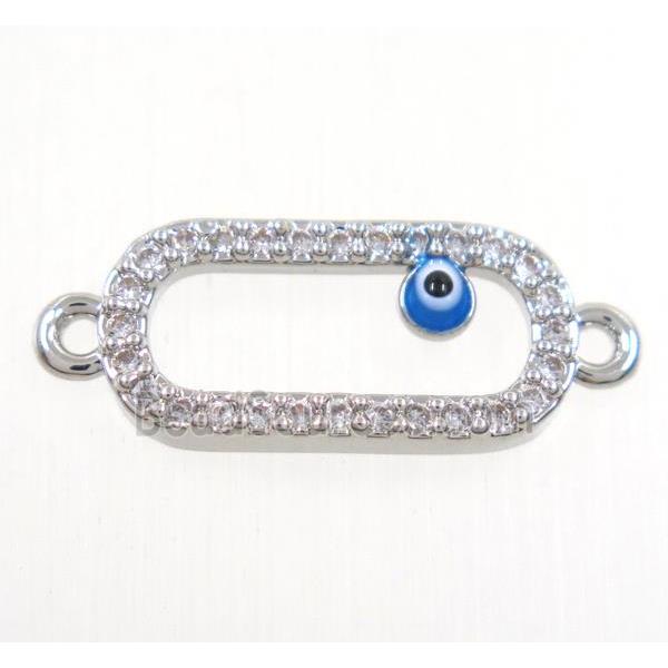 copper oval connector paved zircon with evil eye, platinum plated