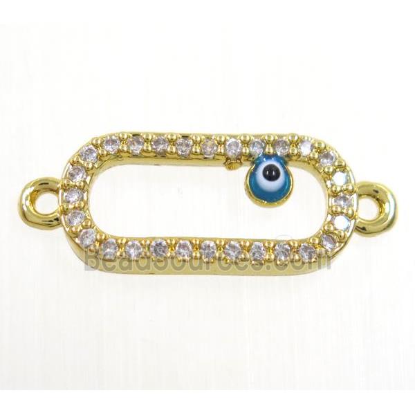 copper oval connector paved zircon with evil eye, gold plated