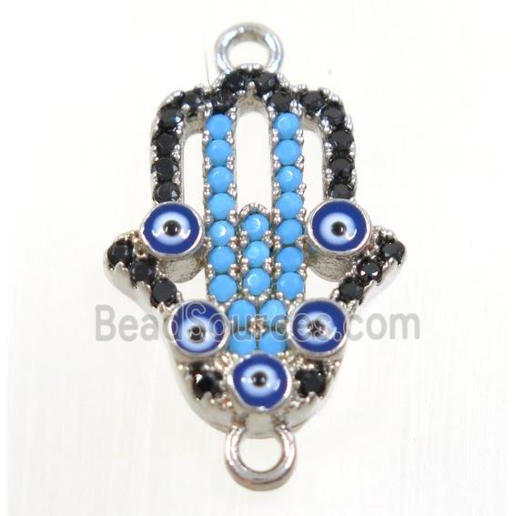 copper hamsahand connector paved zircon with evil eye, platinum plated