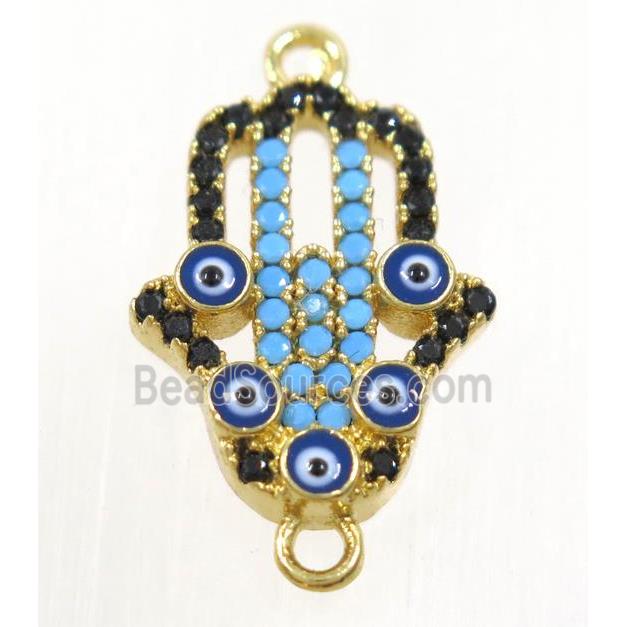 copper hamsahand connector paved zircon with evil eye, gold plated