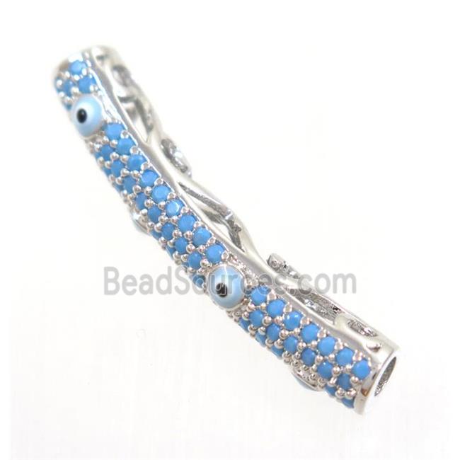 copper tube beads paved zircon with evil eye, turq, platinum plated