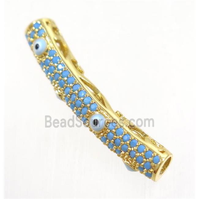 copper tube beads paved zircon with evil eye, turq, gold plated