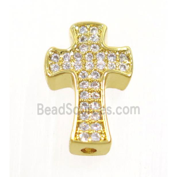 copper cross beads paved zircon, gold plated