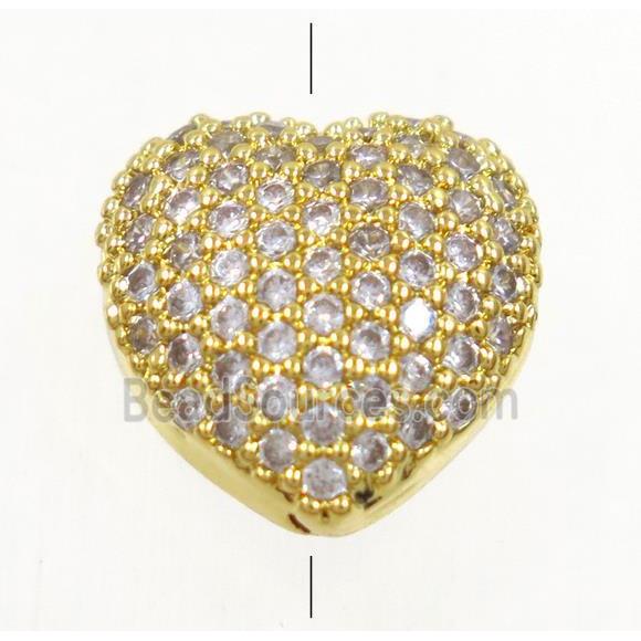 copper heart beads paved zircon, gold plated