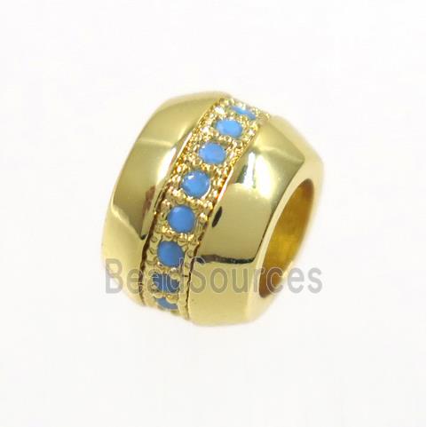 copper rondelle beads paved zircon, turq, gold plated