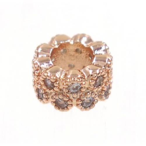 copper rondelle beads paved zircon, rose gold