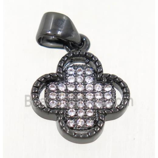 copper pendant paved zircon, four leaf Clover, black plated