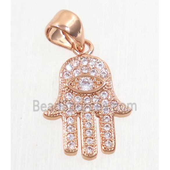 copper hamsahand pendant paved zircon, rose gold