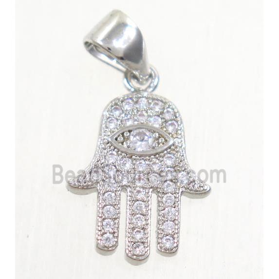 copper hamsahand pendant paved zircon, platinum plated