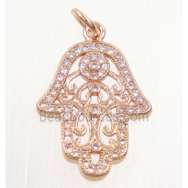 copper hamsahand pendant paved zircon, rose gold