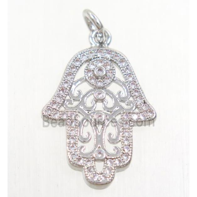 copper hamsahand pendant paved zircon, platinum plated