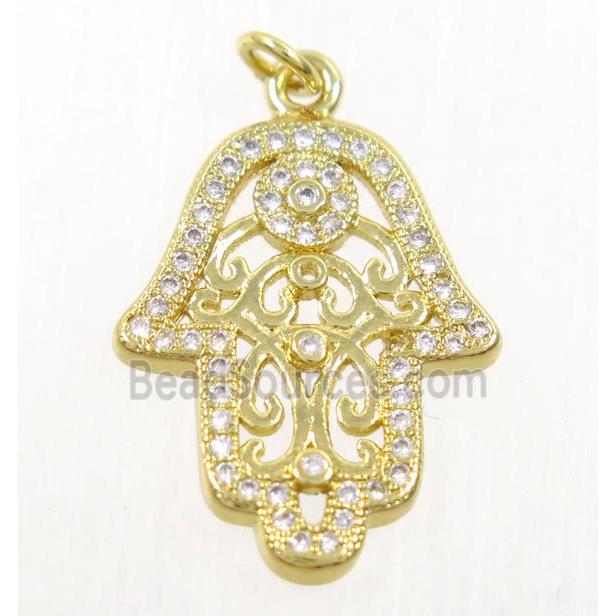 copper hamsahand pendant paved zircon, gold plated