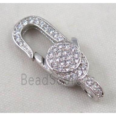 copper Lobster Clasp paved zircon, platinum plated