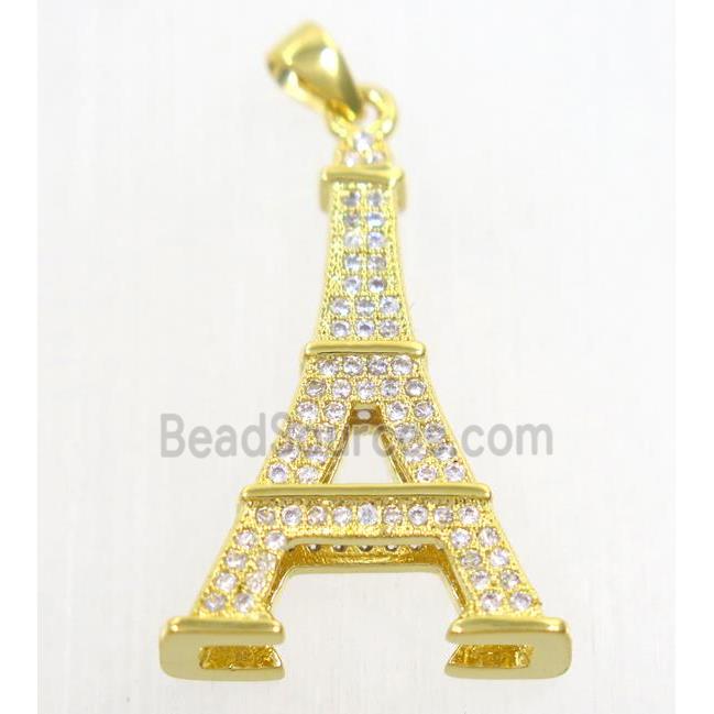 copper Eiffel Tower pendant paved zircon, gold plated