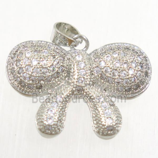 copper Bowknot pendant paved zircon, platinum plated