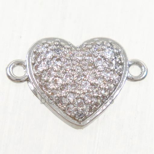 copper heart connector paved zircon, platinum plated