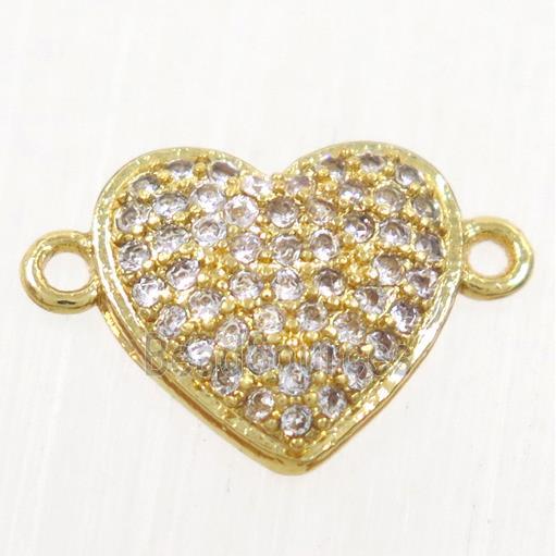 copper heart connector paved zircon, gold plated