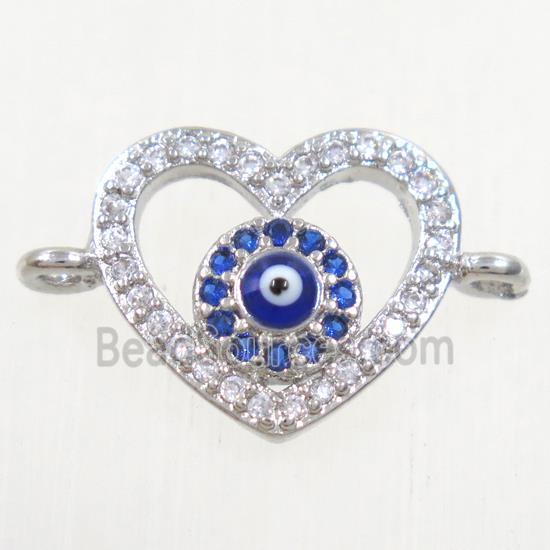 copper heart connector paved zircon with evil eye, platinum plated