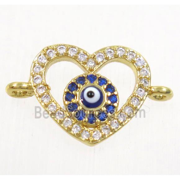 copper heart connector paved zircon with evil eye, gold plated