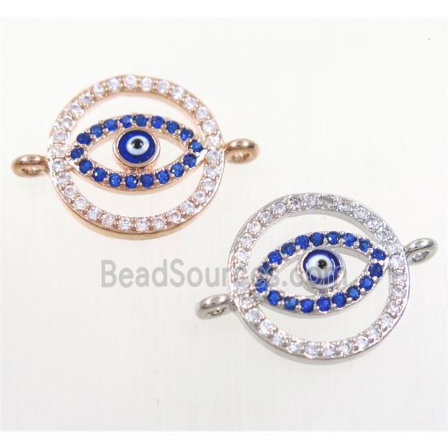 copper circle connector paved zircon with evil eye, mix color