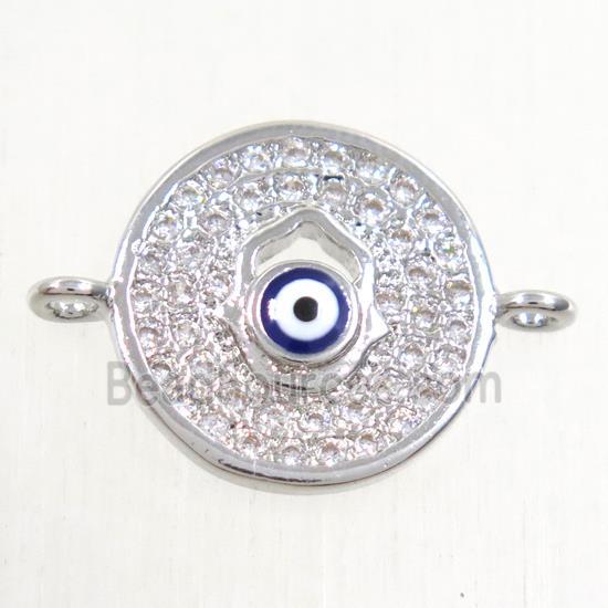 copper circle connector paved zircon with evil eye, platinum plated