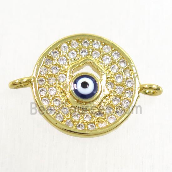 copper circle connector paved zircon with evil eye, gold plated