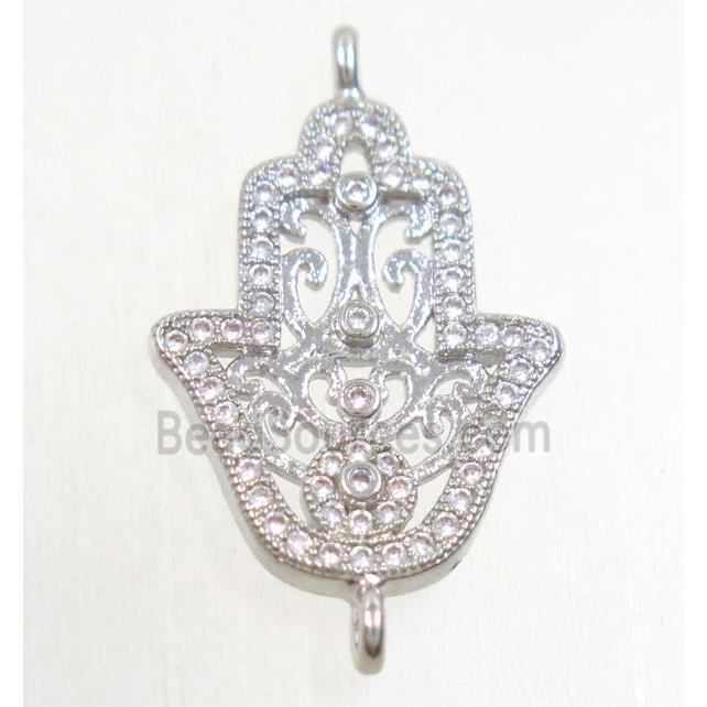 copper hamsahand connector paved zircon, platinum plated