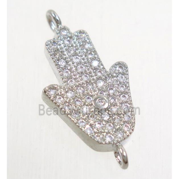 copper hamsahand connector paved zircon, platinum plated