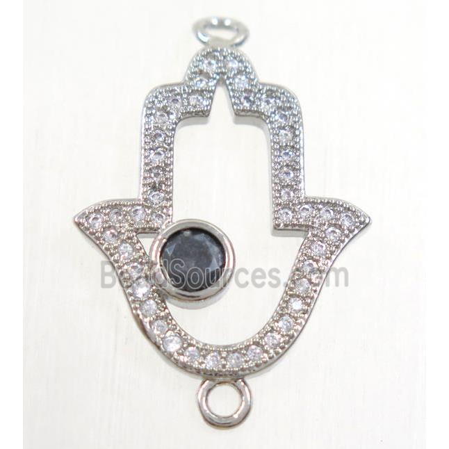 copper hamsahand connector paved zircon, platinum plated