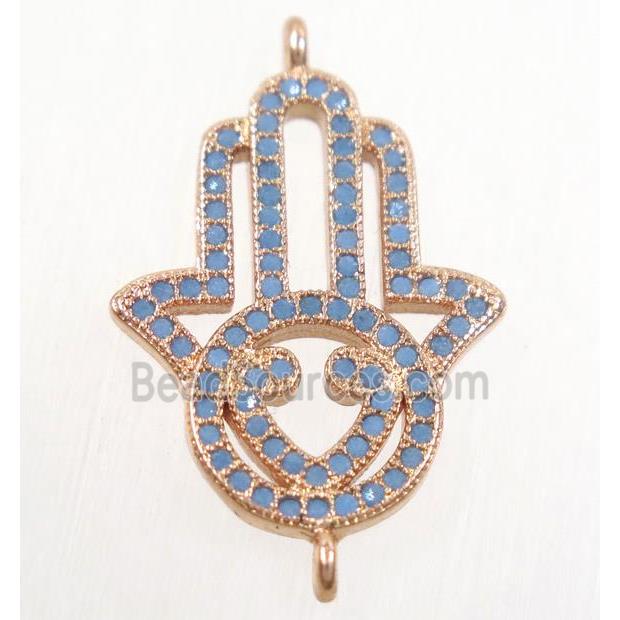 copper hamsahand connector paved zircon, rose gold, turq