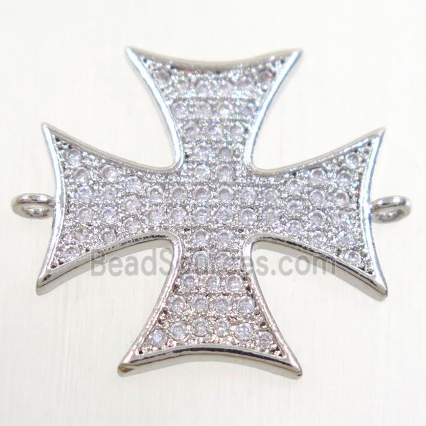 copper cross connector paved zircon, platinum plated