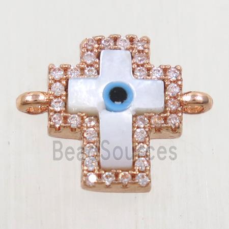 copper cross connector paved zircon with shell evil eye, rose gold