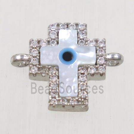 copper cross connector paved zircon with shell evil eye, platinum plated