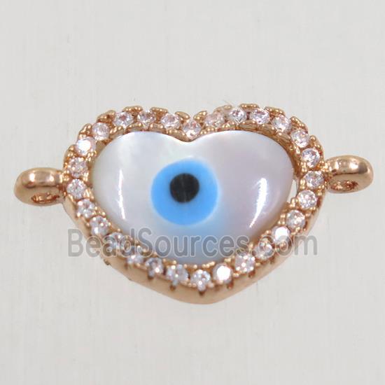 copper heart connector paved zircon with shell evil eye, rose gold