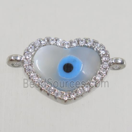 copper heart connector paved zircon with shell evil eye, platinum plated