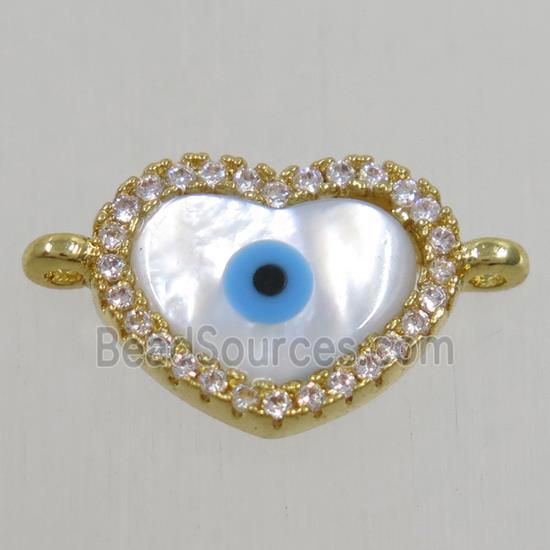 copper heart connector paved zircon with shell evil eye, gold plated