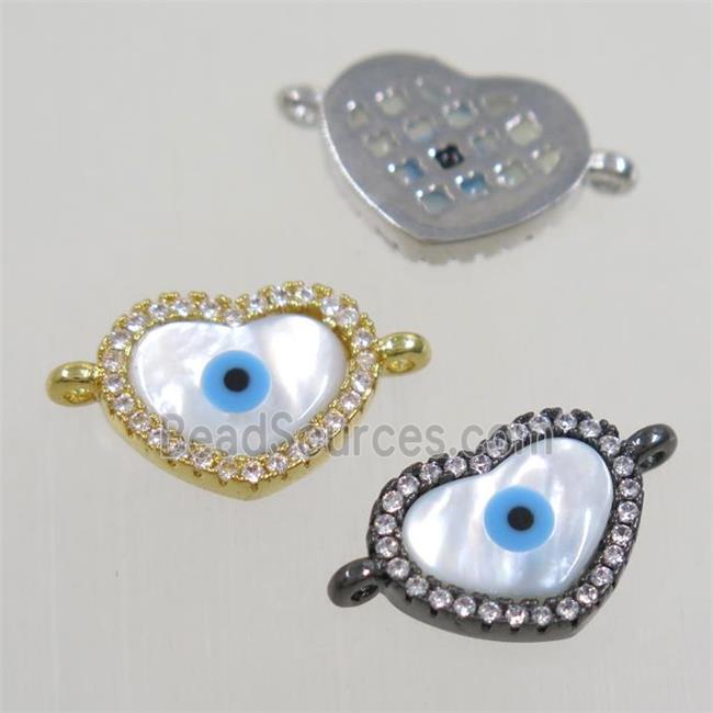 copper heart connector paved zircon with shell evil eye, mix color