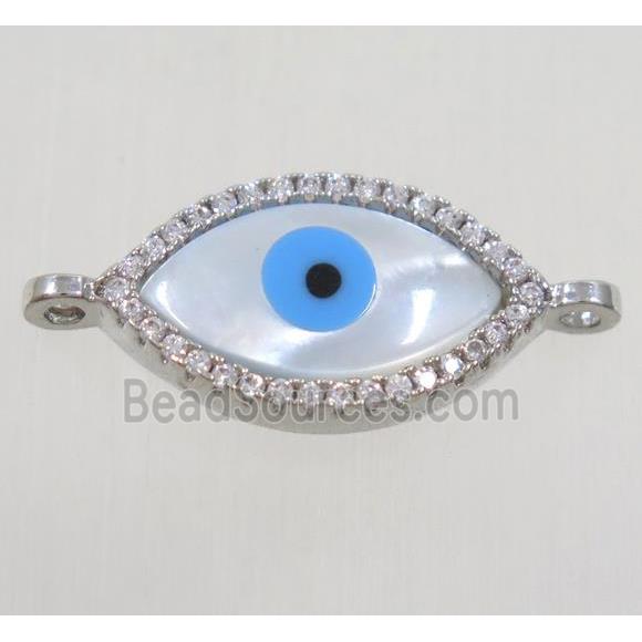 copper oval connector paved zircon with shell evil eye, platinum plated