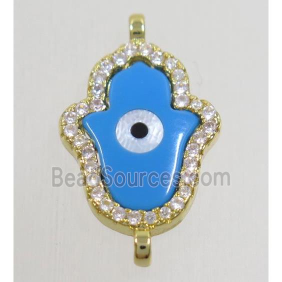 copper hamsahand connector paved zircon with shell evil eye, gold plated