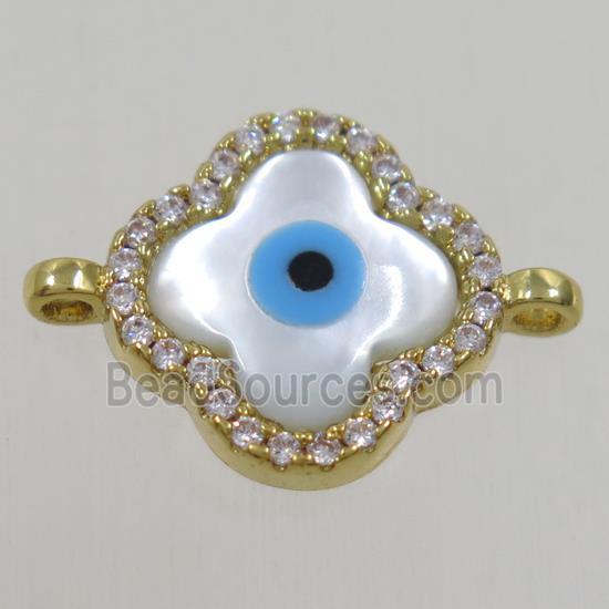 copper four-leaf Clover connector paved zircon with evil eye, gold plated