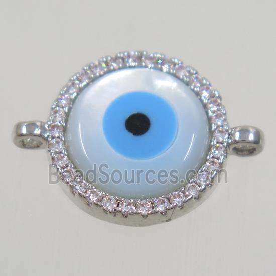 copper circle connector paved zircon with evil eye, platinum plated