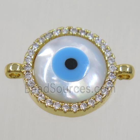 copper circle connector paved zircon with evil eye, gold plated