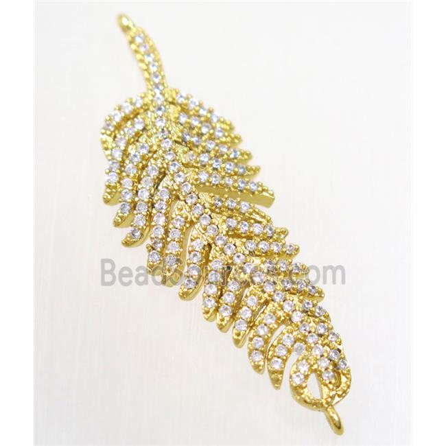 copper feather connector paved zircon, gold plated