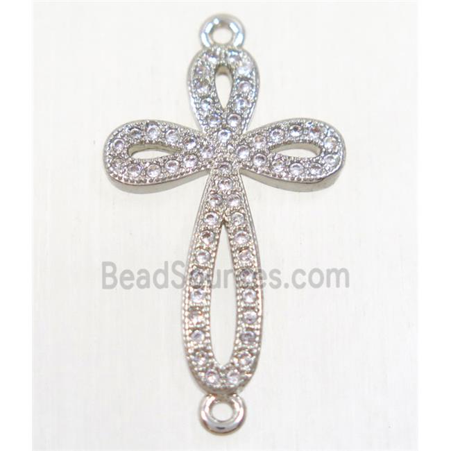 copper cross connector paved zircon, platinum plated