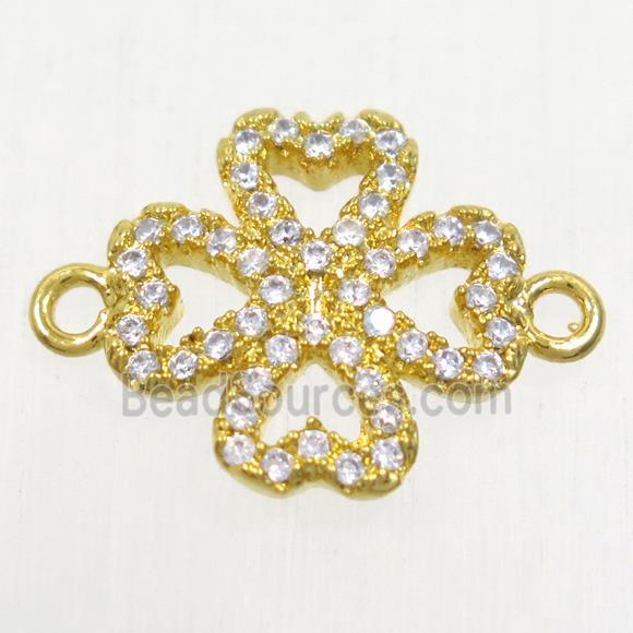 copper four-leaf clover connector paved zircon, gold plated